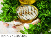 Tin can with smoked sprats, sardines. Стоковое фото, фотограф Яков Филимонов / Фотобанк Лори