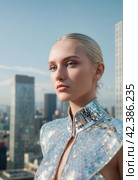 Futuristic female silver suit. People of the future. Image generated by AI. Стоковое AI-изображение, AI-художник Андрей Аркуша / Фотобанк Лори