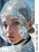 The image features a woman with a metallic face and silver hair, wearing a silver outfit. Generative AI. Стоковое AI-изображение, AI-художник Андрей Аркуша / Фотобанк Лори