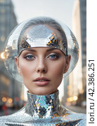 Futuristic female silver suit. People of the future. Image generated by AI. Стоковое AI-изображение, AI-художник Андрей Аркуша / Фотобанк Лори