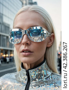 A woman with blonde hair and reflective sunglasses stares into the camera. Generative AI. Стоковое AI-изображение, AI-художник Андрей Аркуша / Фотобанк Лори