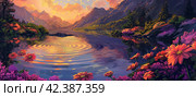 Crane Lake surrounded by bright colors reflecting the colorful sky at sunset with mountains in the background. Generated by AI. Стоковое AI-изображение, AI-художник Ярославский Максим / Фотобанк Лори