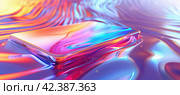 A modern smartphone merges with a bright neon, purple, green, orange metallic psychedelic optimistic texture. Стоковое AI-изображение, AI-художник Ярославский Максим / Фотобанк Лори