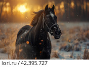 Black horse winter portrait in action,    Generative AI. Стоковое AI-изображение, AI-художник Анна Кривицкая / Фотобанк Лори