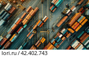 Cargo containers in the port, departing and arriving, organized and stacked in the port or at the shipyard in the bay. Стоковое AI-изображение, AI-художник Ярославский Максим / Фотобанк Лори