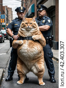 The red-haired cat is detained by the police. Стоковое AI-изображение, AI-художник RamA / Фотобанк Лори