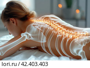 Shoulder-scapular periarthritis, shoulder blades, lumbar and neck pain, intervertebral spine hernia, woman with back pain at home, spinal disc disease, hip joint arthritis, AI Generated. Стоковое AI-изображение, AI-художник Станислав Тарко / Фотобанк Лори