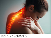 Hernia of the cervical spine, neck pain, woman suffering from backache, spondylosis of the intervertebral disc, health problems concept, AI Generated. Стоковое AI-изображение, AI-художник Станислав Тарко / Фотобанк Лори