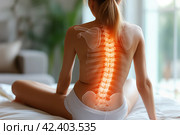 Neck and lumbar pain, intervertebral spine hernia, woman with back pain at home, spinal disc disease, health problems concept, AI Generated. Стоковое AI-изображение, AI-художник Станислав Тарко / Фотобанк Лори