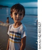 Мальчик с мокрыми волосами на пляже вечером | Little boy with wet hair on the beach in the evening. Стоковое AI-изображение, AI-художник Данил Рыбаков / Фотобанк Лори