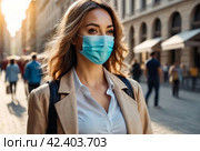 COVID-19 concept. Portrait social woman tourist in city wearing medical mask against disease virus SARS-CoV-2. Female with face mask walking with respecting distancing during pandemic coronavirus 2019. Стоковое AI-изображение, AI-художник Aleksandr Golubev / Фотобанк Лори