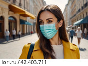 COVID-19 concept. Portrait social woman tourist in city wearing medical mask against disease virus SARS-CoV-2. Female with face mask walking with respecting distancing during pandemic coronavirus 2019. Стоковое AI-изображение, AI-художник Aleksandr Golubev / Фотобанк Лори