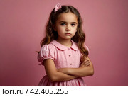 Serious funny little girl in pink dress arms crossed at pink backdrop, posing serious looking. Lovely kid lady coquette expressing emotion, studio shot. Child image emotion concept. Copy ad text space. Стоковое AI-изображение, AI-художник Aleksandr Golubev / Фотобанк Лори