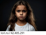 Portrait of frowning cover girl kid model 6 year old in white t-shirt expression emotion, angry looking at camera. Scowl child posing at black, studio shot. Kids emotional concept. Copy ad text space. Стоковое AI-изображение, AI-художник Aleksandr Golubev / Фотобанк Лори