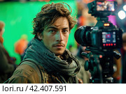 Cameraman filming people on green background. Стоковое AI-изображение, AI-художник Юрий Поздников / Фотобанк Лори