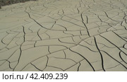 Drought effects in desert: stark, cracked earth layers. Visual evidence of drought's severity, where water once existed. Drought's impact vividly displayed in dry, fissured desert terrain. Стоковое видео, видеограф ILIA GOROKHOV / Фотобанк Лори