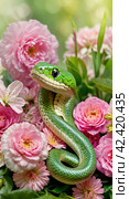 Happy green snake in spring summer on bright floral background. Happy Chinese new year 2025 Zodiac sign, year of the Snake. Стоковое AI-изображение, AI-художник Tatiana Syrtseva / Фотобанк Лори