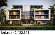 An elevation of the exterior residential building, in the style of dark beige and white, , extruded design, precisionist, contemporary glass, soft renderings, danish design,    Generative AI. Стоковое AI-изображение, AI-художник Анна Кривицкая / Фотобанк Лори