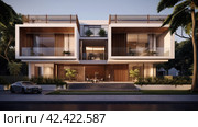 An elevation of the exterior residential building, in the style of dark beige and white, , extruded design, precisionist, contemporary glass, soft renderings, danish design,    Generative AI. Стоковое AI-изображение, AI-художник Анна Кривицкая / Фотобанк Лори
