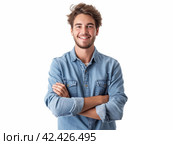 Confident Young Man in Casual Denim Shirt. Стоковое AI-изображение, AI-художник Кирилл Черезов / Фотобанк Лори