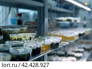 mold, Algae, microalgae in petri dishes research in laboratories. biotechnology, science. Flat lay. Macro. Стоковое AI-изображение, AI-художник Ольга Ильина / Фотобанк Лори