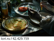 laboratory, cutlets made from mold, algae, microalgae. scientist's hand with test tube, pipette, biotechnologies, artificial food, meat. Стоковое AI-изображение, AI-художник Ольга Ильина / Фотобанк Лори