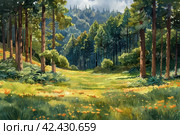 A grassy hilly thick dense pine forest with Sword ferns, watercolor style,    Generative AI. Стоковое AI-изображение, AI-художник Анна Кривицкая / Фотобанк Лори