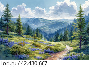 A grassy hilly thick dense pine forest with Sword ferns, watercolor style,    Generative AI. Стоковое AI-изображение, AI-художник Анна Кривицкая / Фотобанк Лори