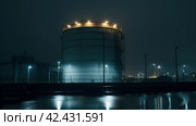 Huge oil refinery tank at night, ominous, detailed, dark, dim lighting, glowy, sinister ,    Generative AI. Стоковое AI-изображение, AI-художник Анна Кривицкая / Фотобанк Лори