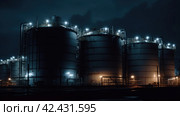 Huge oil refinery tank at night, ominous, detailed, dark, dim lighting, glowy, sinister ,    Generative AI. Стоковое AI-изображение, AI-художник Анна Кривицкая / Фотобанк Лори