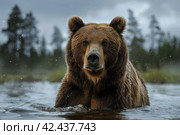 Brown bear against the background of a lake,    Generative AI. Стоковое AI-изображение, AI-художник Анна Кривицкая / Фотобанк Лори