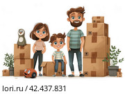 A lot of boxes, the family is moving to a new apartment,    Generative AI. Стоковое AI-изображение, AI-художник Анна Кривицкая / Фотобанк Лори