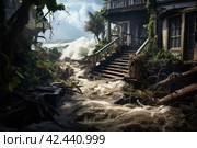 Merciless Hurricane destroy house flood. Generate Ai. Стоковое AI-изображение, AI-художник Иван Рябоконь / Фотобанк Лори