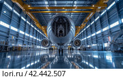 Airplane Assembly in Hangar. Стоковое AI-изображение, AI-художник Кирилл Черезов / Фотобанк Лори