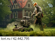 Persevering Gardener mowing grass. Generate Ai. Стоковое AI-изображение, AI-художник Иван Рябоконь / Фотобанк Лори