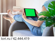 Неузнаваемая девушка держит планшет с зеленым экраном. Сидит в комнате, закинув босые ноги на спинку кресла. Вид сзади. Стоковое фото, фотограф Светлана Ельцова / Фотобанк Лори
