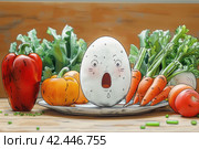 Funny Egg and Vegetables on the Table: Caricature Picture. Стоковое AI-изображение, AI-художник Юрий Поздников / Фотобанк Лори