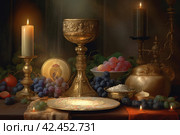 Golden goblet medieval grapes. Generate Ai. Стоковое AI-изображение, AI-художник Иван Рябоконь / Фотобанк Лори