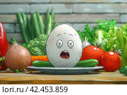 Egg at Dinner with Vegetables: Caricature Dinner Moment. Стоковое AI-изображение, AI-художник Юрий Поздников / Фотобанк Лори