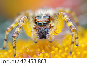 Captivating Cross-Spidering: Macro Photography of a Spider with Hypnotic Eyes and Delicate Tentacles. Стоковое AI-изображение, AI-художник Юрий Поздников / Фотобанк Лори