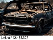 Close-up completely burnt out and carbonized car. Vehicle blown up by military shell burned abandoned automobile during war operations. Copy space. Стоковое AI-изображение, AI-художник Aleksandr Golubev / Фотобанк Лори