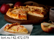 Apple pie with piece slice of galette with fruits, sliced sweet pastries on dark green tablecloth. Стоковое фото, фотограф Natalia Gdovskaia / Фотобанк Лори
