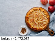 Apple pie, galette with fruits, sweet pastries on gray backdrop, sweet crostata, copy space, top view. Стоковое фото, фотограф Natalia Gdovskaia / Фотобанк Лори