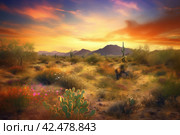 Sunset desert cactuses. Generate Ai. Стоковое AI-изображение, AI-художник Иван Рябоконь / Фотобанк Лори