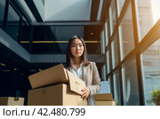 Asian girl employee with boxes. Generate Ai. Стоковое AI-изображение, AI-художник Иван Рябоконь / Фотобанк Лори
