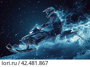 An illustration of an athlete on a snowmobile. Extreme sports. Design of clothes, albums, notebooks. Sports banners. Стоковое AI-изображение, AI-художник Ирина Ручушкина / Фотобанк Лори
