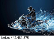 An illustration of an athlete on a snowmobile. Extreme sports. Design of clothes, albums, notebooks. Sports banners. Стоковое AI-изображение, AI-художник Ирина Ручушкина / Фотобанк Лори
