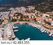 Aerial view of coastal area and marina of Kas during sundown, Turkey. Стоковое фото, фотограф Яков Филимонов / Фотобанк Лори