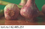 Super slow motion garlic falls on the table. Filmed on a high-speed camera at 1000 fps. Стоковое видео, видеограф Артем Шадрин / Фотобанк Лори