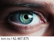 Man holding contact lens closeup on green eye. Generate Ai. Стоковое AI-изображение, AI-художник Иван Рябоконь / Фотобанк Лори